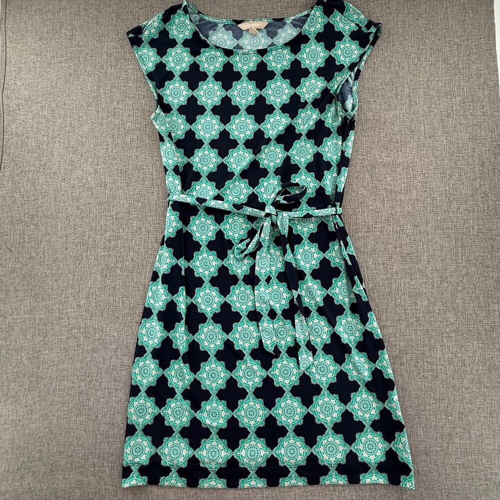 Banana Republic Dress Tie Waist Small Green Navy Sleeveless Stretchy